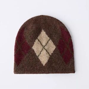 Zara Brown Argyle Knit Beanie with Cream and Burgundy Diamonds